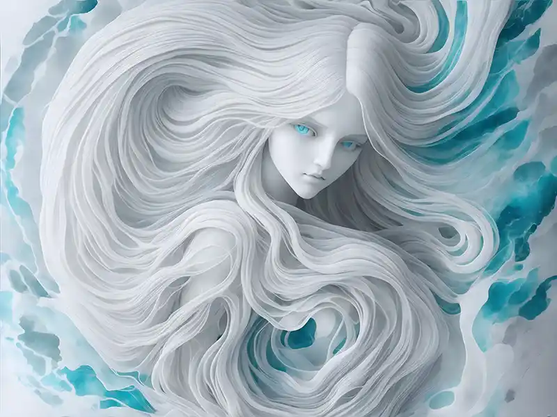 A woman with long hair in a carved sculpture